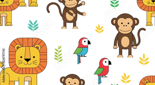 Cute Cartoon Jungle Animals Seamless Pattern for Childrens Design.