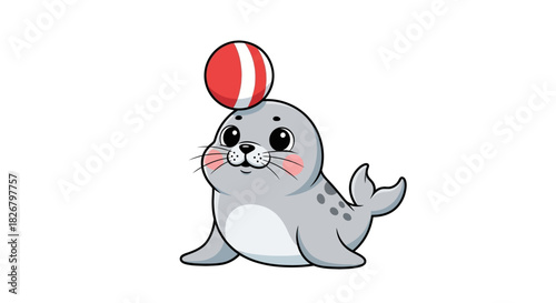 Cute cartoon seal balancing a red and white ball on its head.
