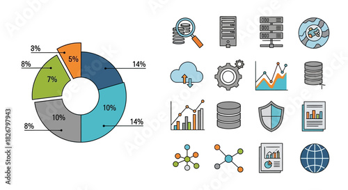 Data analysis and business intelligence icons and pie chart.