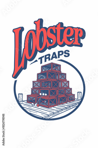 Pyramid of lobster traps on a weathered dock, buoys and rope scattered vector for coastal gear themes.