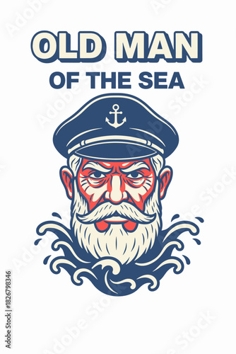 Weathered sea captain with anchor cap rises from stylized waves, bold beard lines, classic nautical vector.
