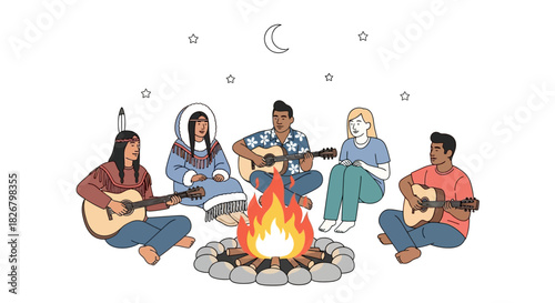 Diverse Group of Friends Playing Guitars Around a Campfire at Night.