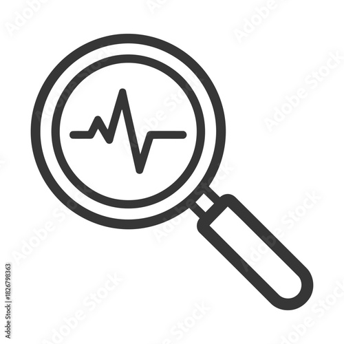 Magnifying glass with a heartbeat line, symbolizing health data analysis, medical diagnostics, and performance monitoring