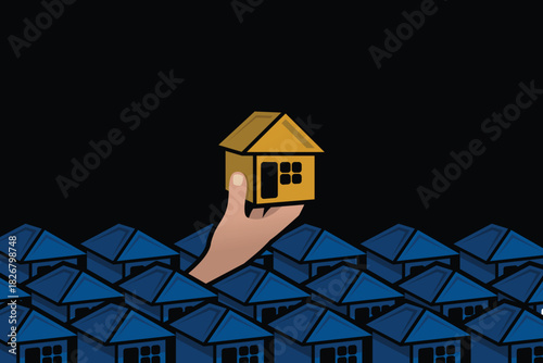 Illustration of a hand lifting a small house above a dense sea of rooftops, symbolizing property choice, uniqueness, opportunity, and leadership. Ideal for real estate and housing market concepts.
