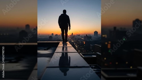 A Silhouetted Figure Walking At Dawn On The Edge of a Building, With The City View