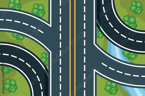 Detailed vector illustration of urban roads, intersections, and flowing waterways, representing city planning, traffic routes, and transportation structure. Ideal for maps and infrastructure themes.