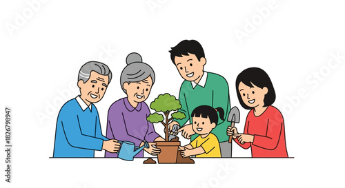 Family planting tree together, creating new life and memories, teamwork.