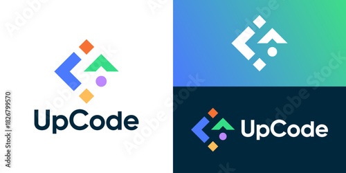 Creative simple up code logo template. Abstract code with arrow up launch startup logo design vector illustration.