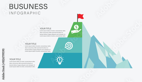 3 Step Mountain Goal Infographic, Business Success Pyramid, Achievement Step Diagram, Corporate Goal Progression, Business Growth Mountain Chart, Step-by-Step Success Infographic, Goal Achievement Lay