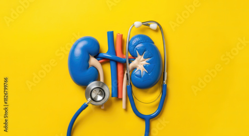 Blue Human Kidney Models and Stethoscope on Bright Yellow Backdrop Representing Renal Health and Medical Care