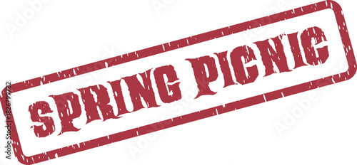 Authentic red weathered stamp impression announcing a delightful outdoor spring picnic gathering