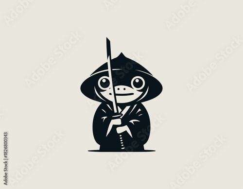 A serious black frog samurai warrior character wearing traditional Japanese armor and a helmet holding a sheathed katana sword in a bold minimalist vector graphic style.