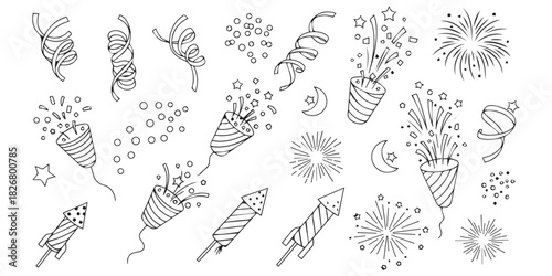 Confetti, firework, and celebration elements outline Vector