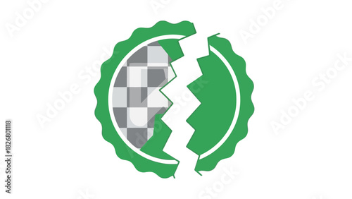 A green and grey broken bottle cap with a white outline on a plain white background.