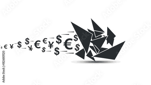 Black origami boat with euro and dollar symbols floating away on a white background with a minimalist design.