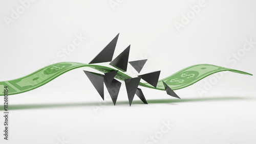 Close-up of a green leafy branch with a metal sculpture on a white background with a shallow depth of field and a calming mood.