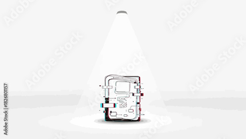 Detailed technical drawing of a vehicle in red lines and blue accents on a white background with a spotlight.