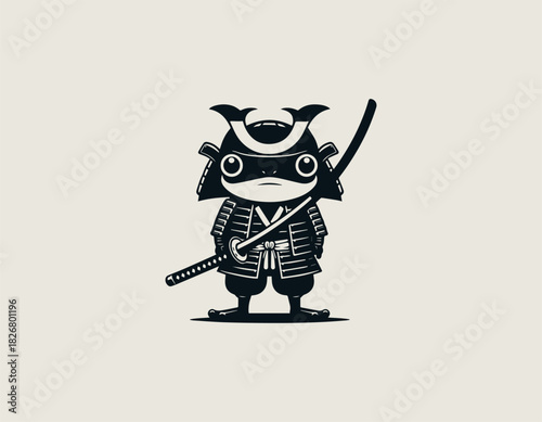 A serious black frog samurai warrior character wearing traditional Japanese armor and a helmet holding a sheathed katana sword in a bold minimalist vector graphic style.