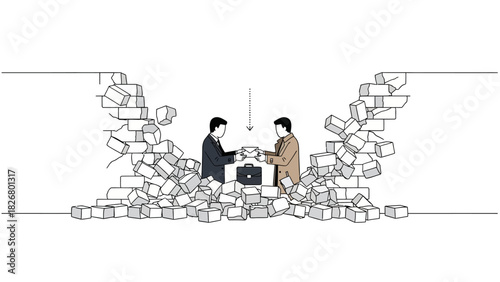 Line drawing of two business professionals collaborating over a laptop amidst scattered cubes in a creative workspace with a monochromatic color scheme.