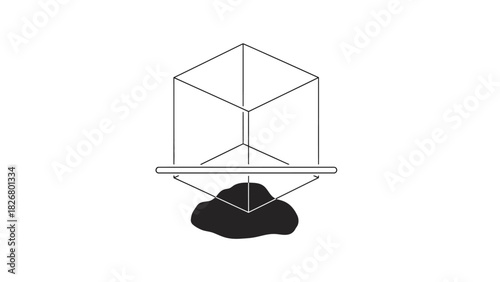 Minimalist line drawing of a cube balanced on a thin platform over a dark shape on a white background with geometric lines.