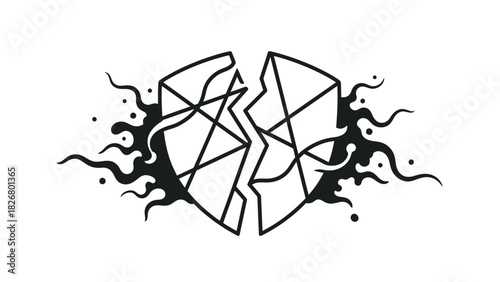 Black and white illustration of broken glass or crystal with abstract splashes on a plain white background with a dark mood.