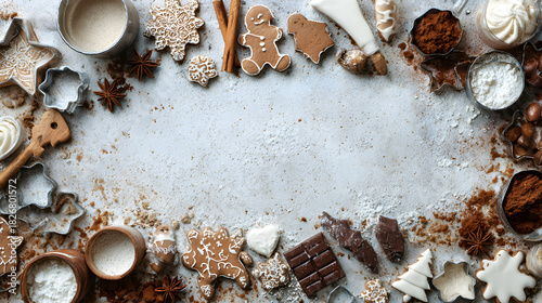 Festive kitchen holiday border with cookie cutters, chocolate pieces, sugar glaze and gingerbread crumbs 