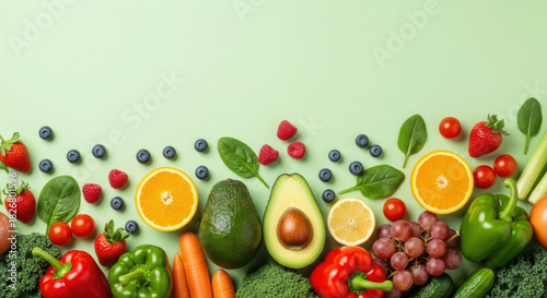 Wallpaper Mural Vibrant Assortment of Fresh Fruits and Vegetables on Light Green Background, Perfect for Healthy Eating and Nutrition Concepts Torontodigital.ca