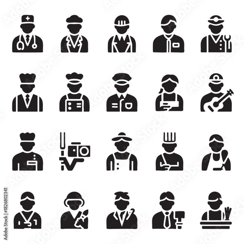 Collection of black and white icons representing diverse professions and occupations icon set