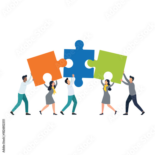 Team collaboration connecting puzzle pieces, partnership solution strategy