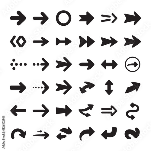 Collection of black arrow icons and symbols on white background direction navigation 1