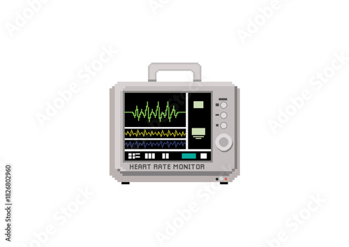 A pixel-style digital heart rate monitor displaying colorful vital signs on its screen, featuring waveform readings and control buttons in a compact medical device design.