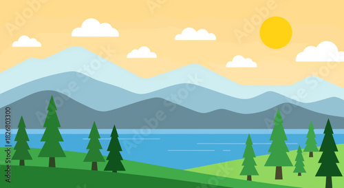 Flat illustration of a sunny mountain lake scene with layered hills and evergreen trees