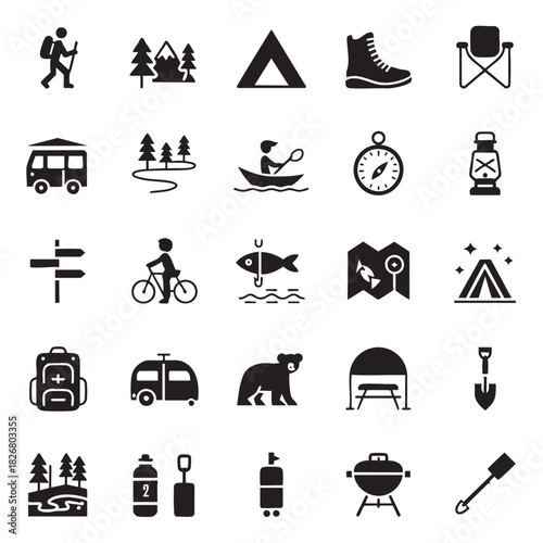 Collection of black camping and outdoor activity icons on white background hiking outdoors