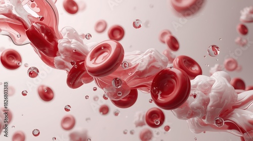 Surreal 3D illustration of glossy red blood cells mixing with creamy liquid and bubbles. Concept of cellular regeneration, skincare or PRP therapy.