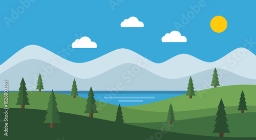 Stylized landscape with green hills mountains lake pine trees clouds and sun