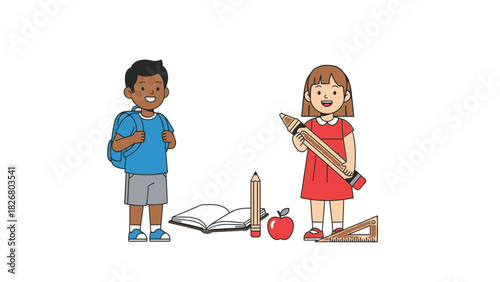 Children Ready for School with Backpack, Book, Pencil, Apple, and Ruler.