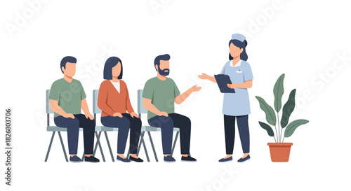 Flat 2D Illustration of a Nurse Talking to Patients Waiting in a Clinic or Hospital Reception Area, Featuring a Plant and Seated Individuals