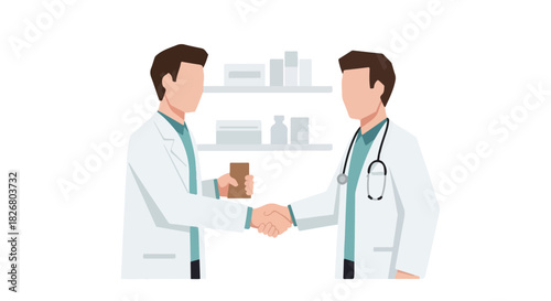 Doctors shaking hands in a medical setting, representing healthcare collaboration and professional agreement, with shelves of medicine in the background