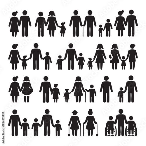 Collection of Black Family Silhouettes Including Adults Children Elderly and Wheelchair Users