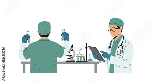Flat 2D image depicting scientists working in a laboratory setting, conducting research with test tubes, microscopes, and a tablet for data analysis