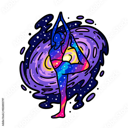 Silhouette of a person in cosmic yoga pose against galaxy background Concept of Self Care  