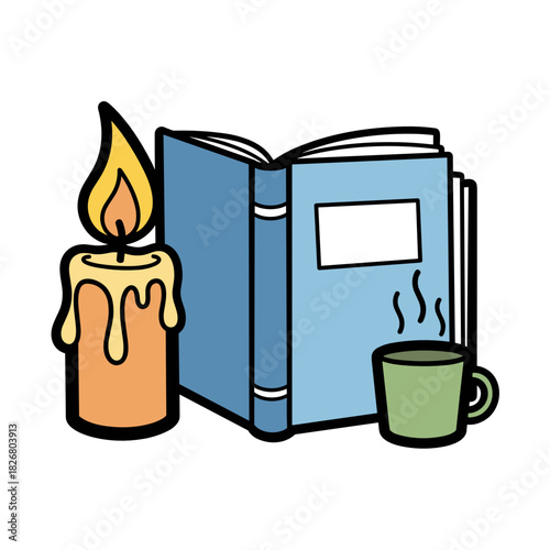Candle, open book, and cup of tea in cozy self care setting  
