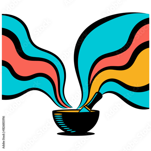 Abstract waves flowing from a singing bowl in vibrant colors for Self Care  