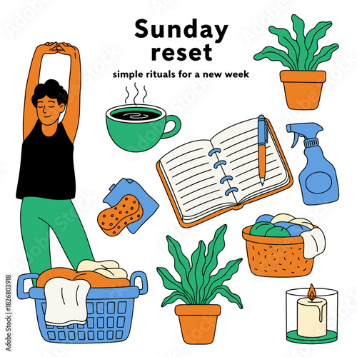 Young woman stretching with laundry and self-care items for Sunday reset  