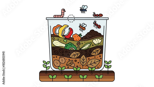 Composting bin with worms and insects, recycling organic waste.
