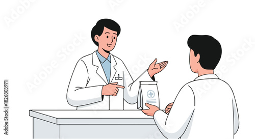 Illustration of a Pharmacist in a Lab Coat Advising a Customer at a Pharmacy Counter, Holding a Medicine Package, Flat 2D Style