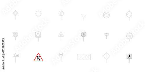 Diverse Traffic Control Signs and Road Markings Line Illustrations