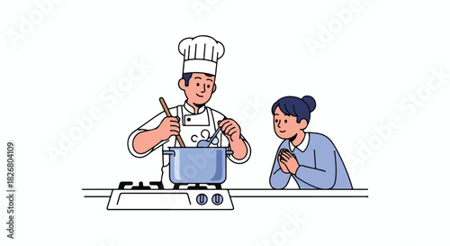 Chef Cooking Delicious Food in Pot for a Happy Person at Home Kitchen, Flat 2D Illustration