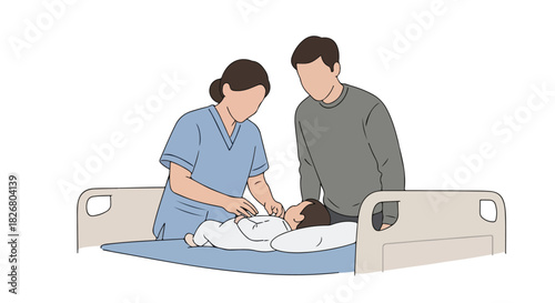 Healthcare professionals performing a routine medical check-up on a child in a hospital bed, observed by a parent, emphasizing compassionate care and patient well-being
