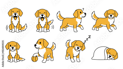 Cute cartoon golden puppy character set with various actions and expressions.